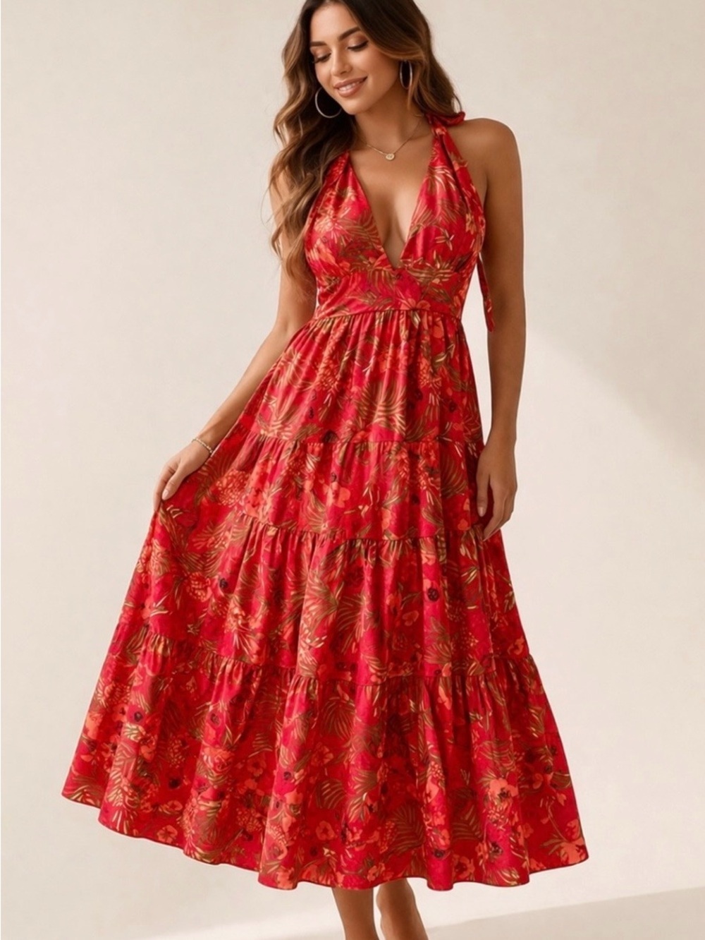 House of Harlow 1960 Linen Tiered Maxi Dress Tropical Print Tie Strap Red Small